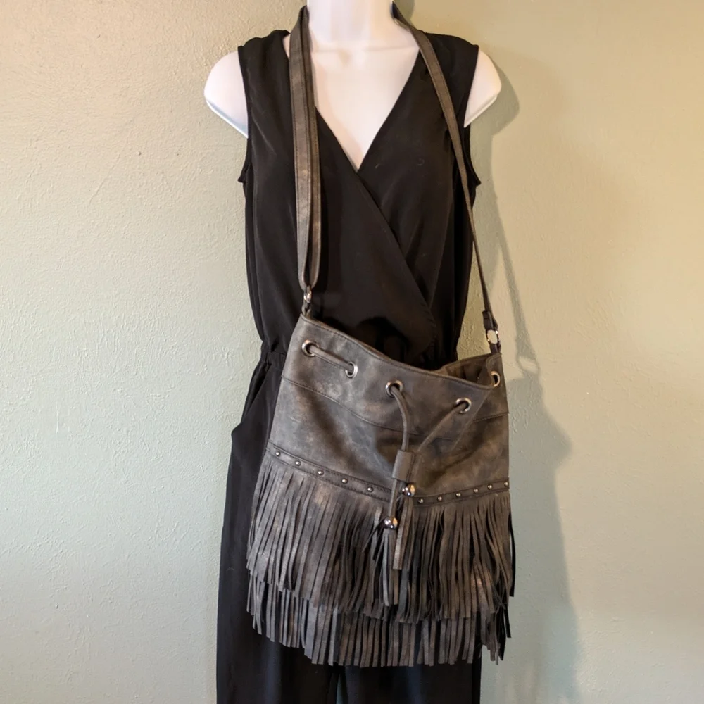 Fringe Faux Leather Hobo Bucket Bag